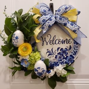 Blue and White Chinoiserie Pattern Easter Welcome Wreath